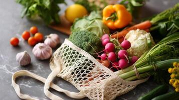 Fresh vegetables gathered in a reusable bag displayed on a countertop with wooden cutting board and ingredients photo