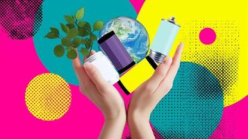 Hands support a vibrant world with plants and batteries promoting sustainability and eco-friendly practices photo