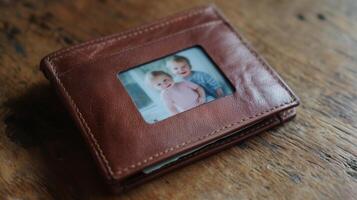 Cherished memories captured in a timeless leather wallet featuring smiling children photo