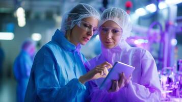 Two female researchers discuss data in a laboratory setting with colorful equipment during a late afternoon photo