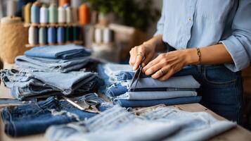 Crafting denim shorts in a textile workshop with colorful threads and fabric on a sunny afternoon photo