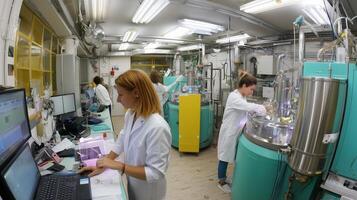 Lab technicians conduct experiments in a state-of-the-art laboratory focused on chemical research and development in the afternoon photo