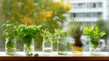 Fresh herb garden displayed in jars on a sunny window sill during autumn photo