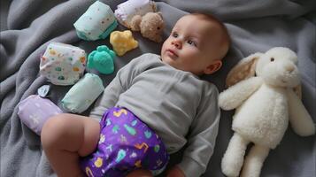 Baby plays on grey blanket with stuffed animals and colorful diapers during a cozy indoor session in the morning photo