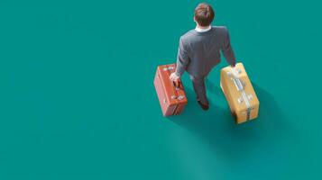 Business traveler holding two suitcases in a modern airport setting during daytime photo