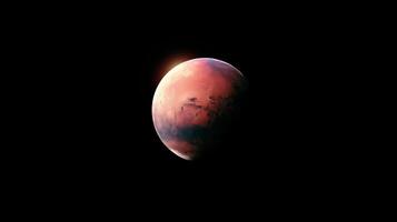 Mars viewed from space showcasing its reddish surface and unique geological features during a distant observation photo