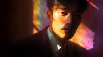 Portrait of a young man illuminated by colorful light in a cozy indoor setting during the late afternoon photo