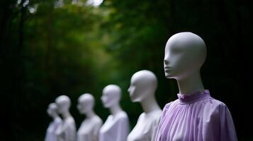 Group of white mannequins standing in a green forest during daylight near a path in a serene outdoor setting photo