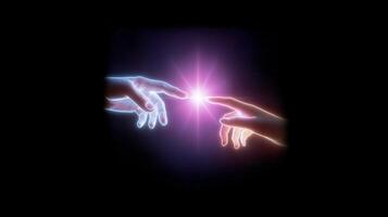 Hands reaching towards each other in a vibrant cosmic background during a moment of connection and unity photo