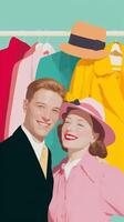 Cheerful couple enjoying a vibrant spring day surrounded by colorful fashion in a retro-inspired clothing display photo