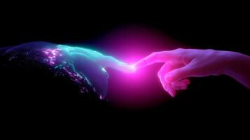 Digital connection between human and virtual realm represents modern technology's impact on society photo