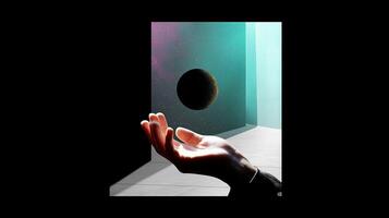 Floating sphere in hand surrounded by abstract cosmic elements in a minimalist room setting photo