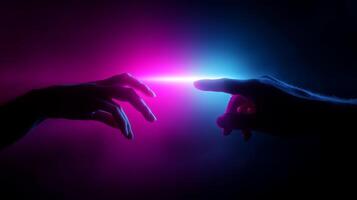 Reaching connection between two hands illuminated by vibrant purple and blue light in a surreal atmosphere photo