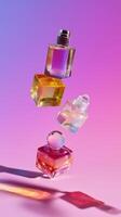 Colorful perfume bottles suspended in an artistic arrangement against a vibrant gradient background photo