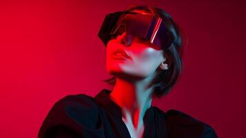 Model poses in futuristic sunglasses with vibrant lighting during a fashion shoot in a studio setting photo