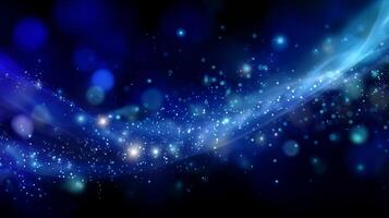 Vibrant cosmic background with sparkling particles and swirling light patterns in deep blue tones photo