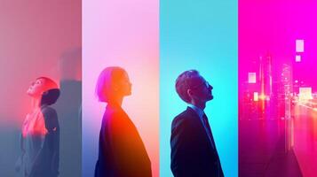 Creative expression featuring diverse individuals with vibrant light effects in an urban setting at twilight photo