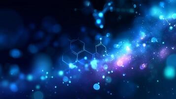 Colorful abstract space background featuring glowing particles and molecular structures representing science and technology exploration photo