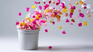 Colorful paper shreds bursting from a white bucket in a creative display of texture and movement photo