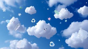 Soft clouds with smiling faces and various objects floating in a bright blue sky during daytime photo
