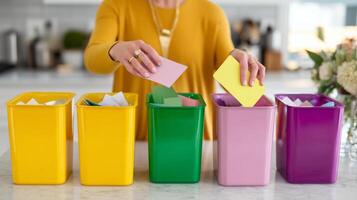 Sorting colorful papers into labeled bins in a modern kitchen during a decluttering session photo