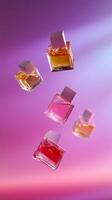 Vibrant display of colorful perfume bottles suspended in mid-air against a gradient background photo