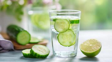Refreshing cucumber and lime water served in a glass in a bright kitchen setting on a sunny day photo