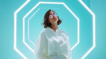 Model poses stylishly in modern setting with glowing geometric light arrangement and vibrant background color photo