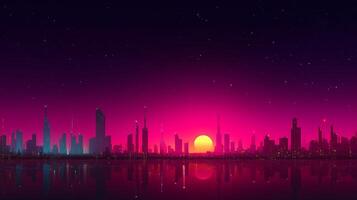 Bright sunset over a vibrant city skyline reflected in calm waters at dusk photo
