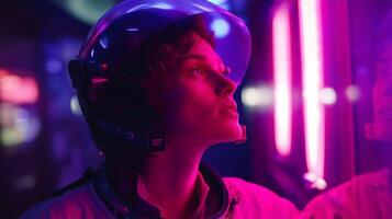 Astronaut observes vibrant neon lights in a futuristic setting at night photo