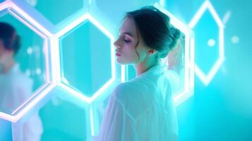 Model poses in a glowing installation with geometric shapes in cool tones during an evening photoshoot photo