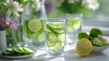 Refreshing cucumber-lime water served with fresh ingredients in a bright kitchen setting photo