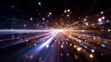 Bright particles and light streams create a dynamic visual effect in a cosmic space environment at night photo