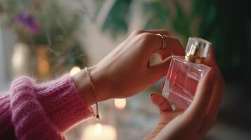 Hands holding a delicate perfume bottle in a cozy indoor setting with soft lighting and floral decor photo