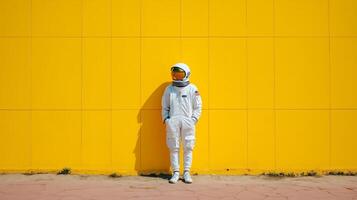 Astronaut standing against a vibrant yellow wall in an urban setting during daylight photo
