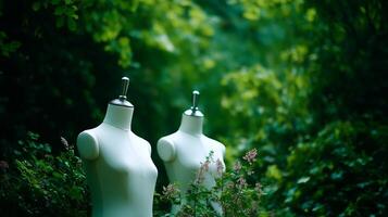 Mannequins surrounded by lush green foliage in a serene outdoor setting during daylight hours photo