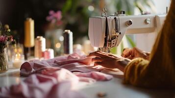 Creating handmade clothing with a sewing machine in a cozy workspace filled with colorful threads and soft fabric photo