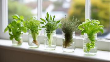 Herbs growing in jars on a sunny windowsill creating a vibrant green indoor garden setup in the morning light photo