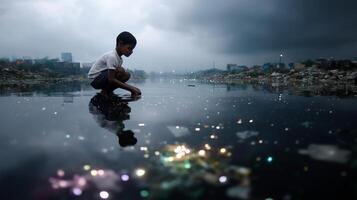 Child playing in polluted water beside a slum during cloudy weather in an urban area at dusk photo