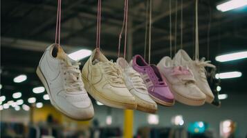 Shoes hanging from the ceiling in a thrift store during daytime as shoppers browse nearby photo