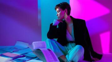 Model poses elegantly in a brightly lit studio surrounded by scattered books and colorful backlighting at night photo