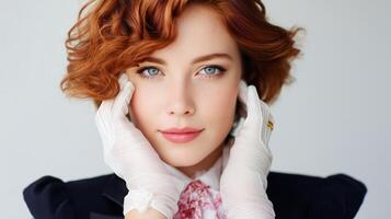 Model with curly red hair posing elegantly against a soft background in a fashion shoot emphasizing beauty and style photo