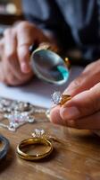 Expert jeweler inspects a diamond ring with a magnifying glass in a workshop setting photo