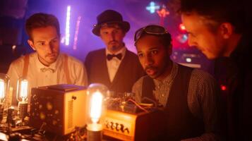 Group of four individuals engaged in a creative experiment in a dimly lit steampunk-themed environment photo
