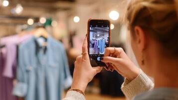 Shopping enthusiast captures stylish clothing in store while browsing trendy apparel collection photo