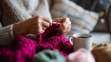 Hands engaged in knitting a colorful blanket while enjoying a warm beverage in a cozy indoor setting photo