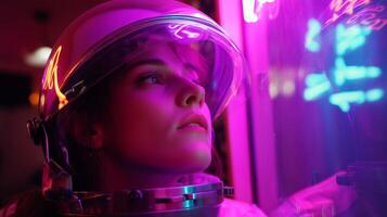 Capturing curiosity in a vibrant neon-lit space with an astronaut visor at a futuristic location photo