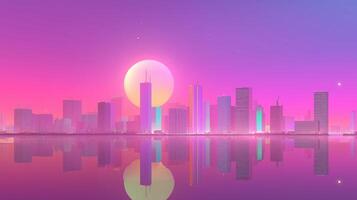 Modern city skyline at sunset with vibrant colors reflecting in calm water photo