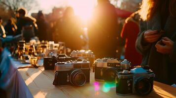 Vintage cameras displayed during a lively market at sunset in an urban setting with visitors enjoying the ambiance photo