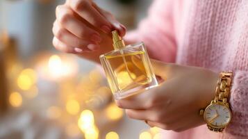Woman applying perfume from a stylish bottle during cozy indoor setting with warm lights photo